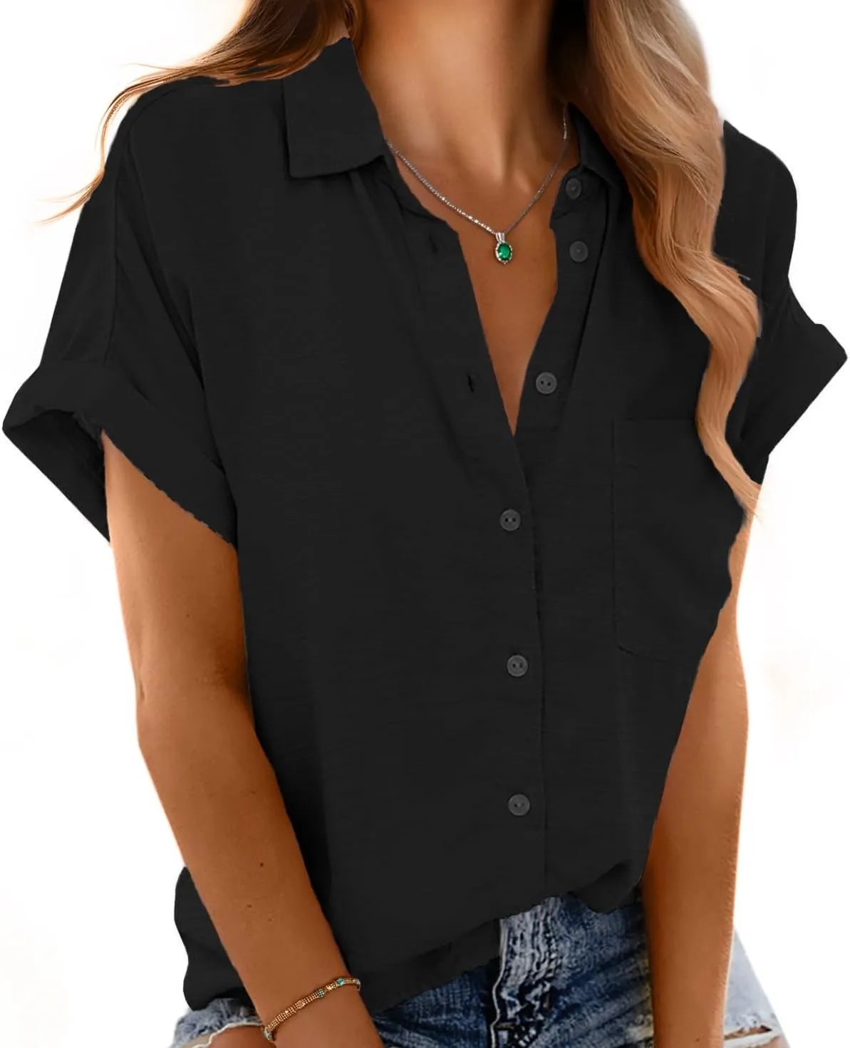 Short Sleeve Shirts for Women V Neck Loose Collared Button Down Shirt Casual Summer Tops with Pockets Beach Blouse
