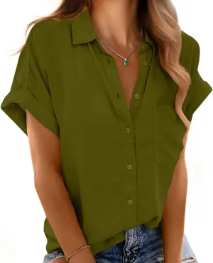 Short Sleeve Shirts for Women V Neck Loose Collared Button Down Shirt Casual Summer Tops with Pockets Beach Blouse