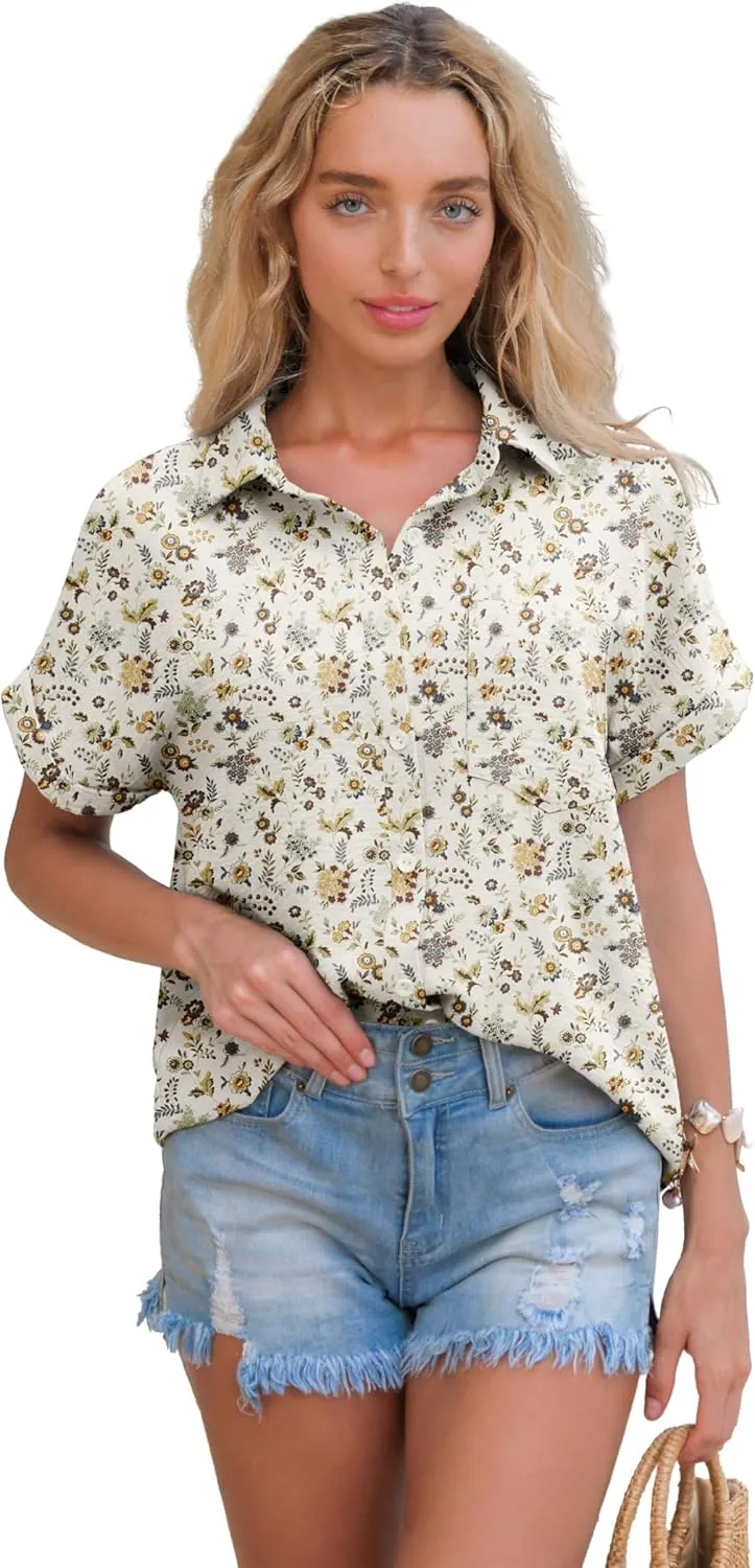 Short Sleeve Shirts for Women V Neck Loose Collared Button Down Shirt Casual Summer Tops with Pockets Beach Blouse