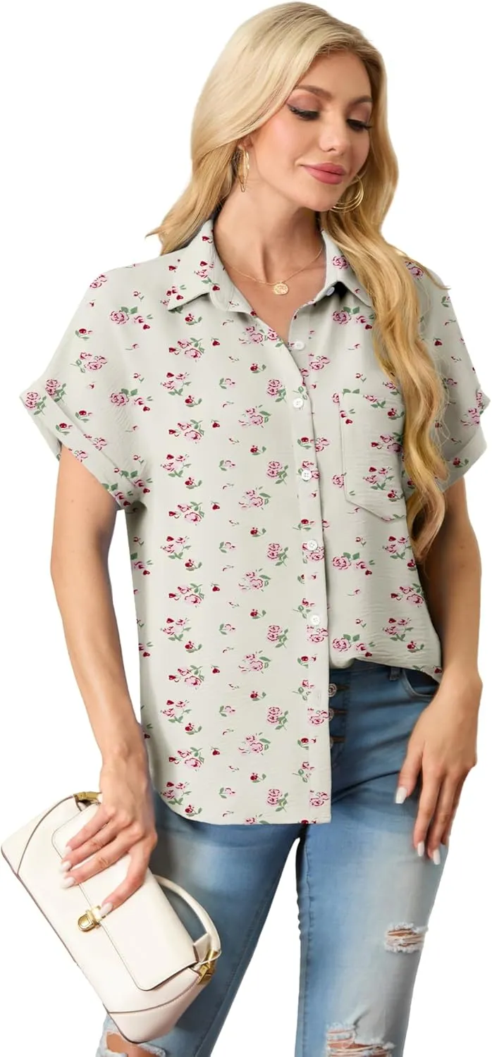 Short Sleeve Shirts for Women V Neck Loose Collared Button Down Shirt Casual Summer Tops with Pockets Beach Blouse