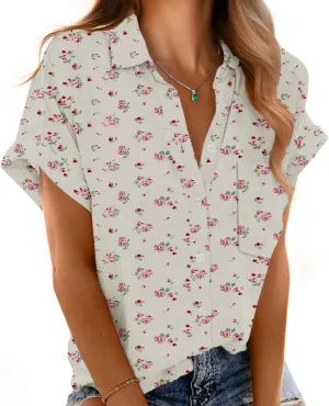 Short Sleeve Shirts for Women V Neck Loose Collared Button Down Shirt Casual Summer Tops with Pockets Beach Blouse