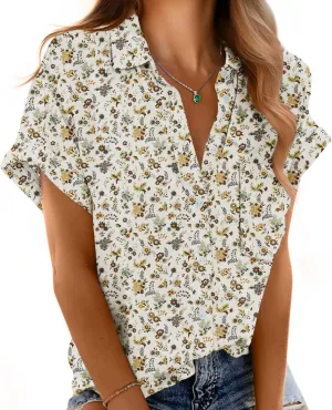 Short Sleeve Shirts for Women V Neck Loose Collared Button Down Shirt Casual Summer Tops with Pockets Beach Blouse