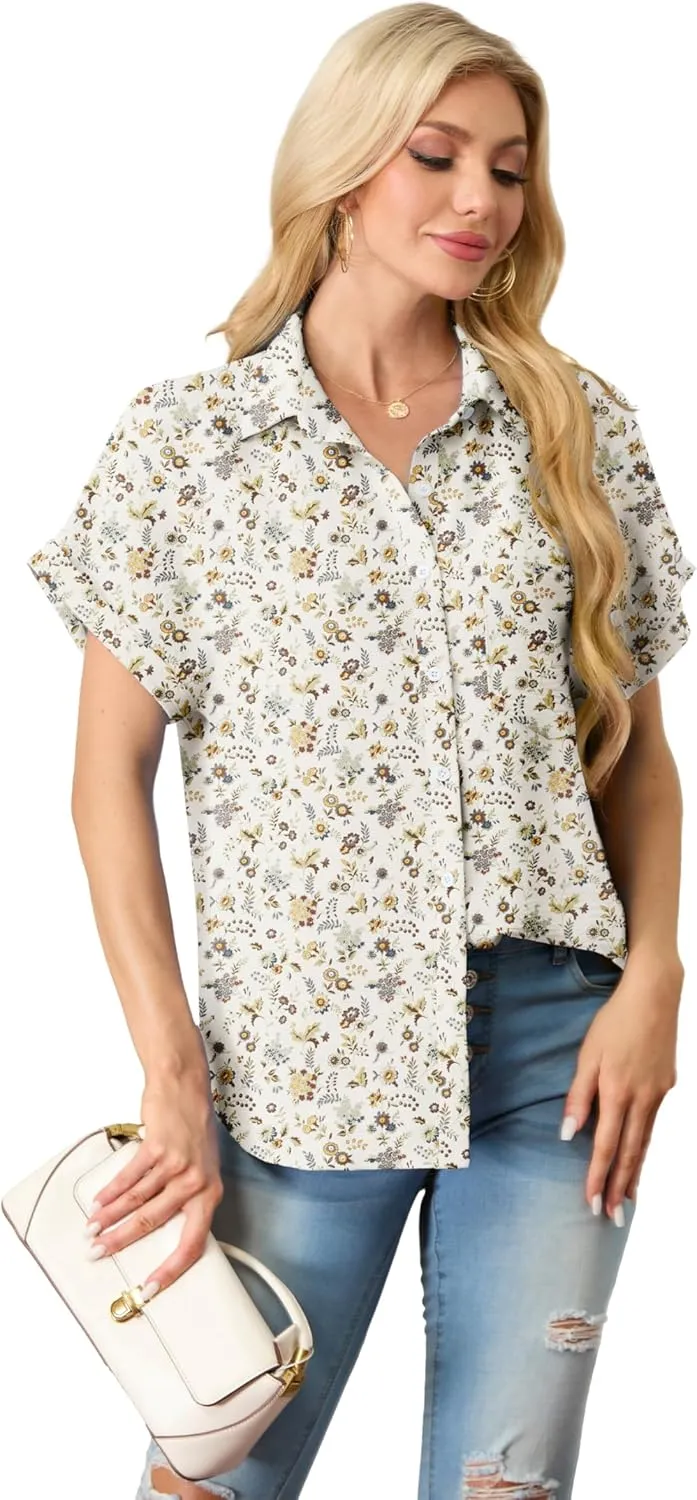 Short Sleeve Shirts for Women V Neck Loose Collared Button Down Shirt Casual Summer Tops with Pockets Beach Blouse