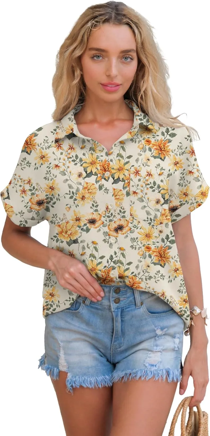Short Sleeve Shirts for Women V Neck Loose Collared Button Down Shirt Casual Summer Tops with Pockets Beach Blouse