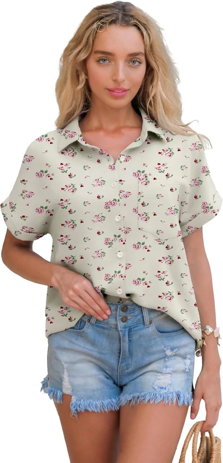 Short Sleeve Shirts for Women V Neck Loose Collared Button Down Shirt Casual Summer Tops with Pockets Beach Blouse