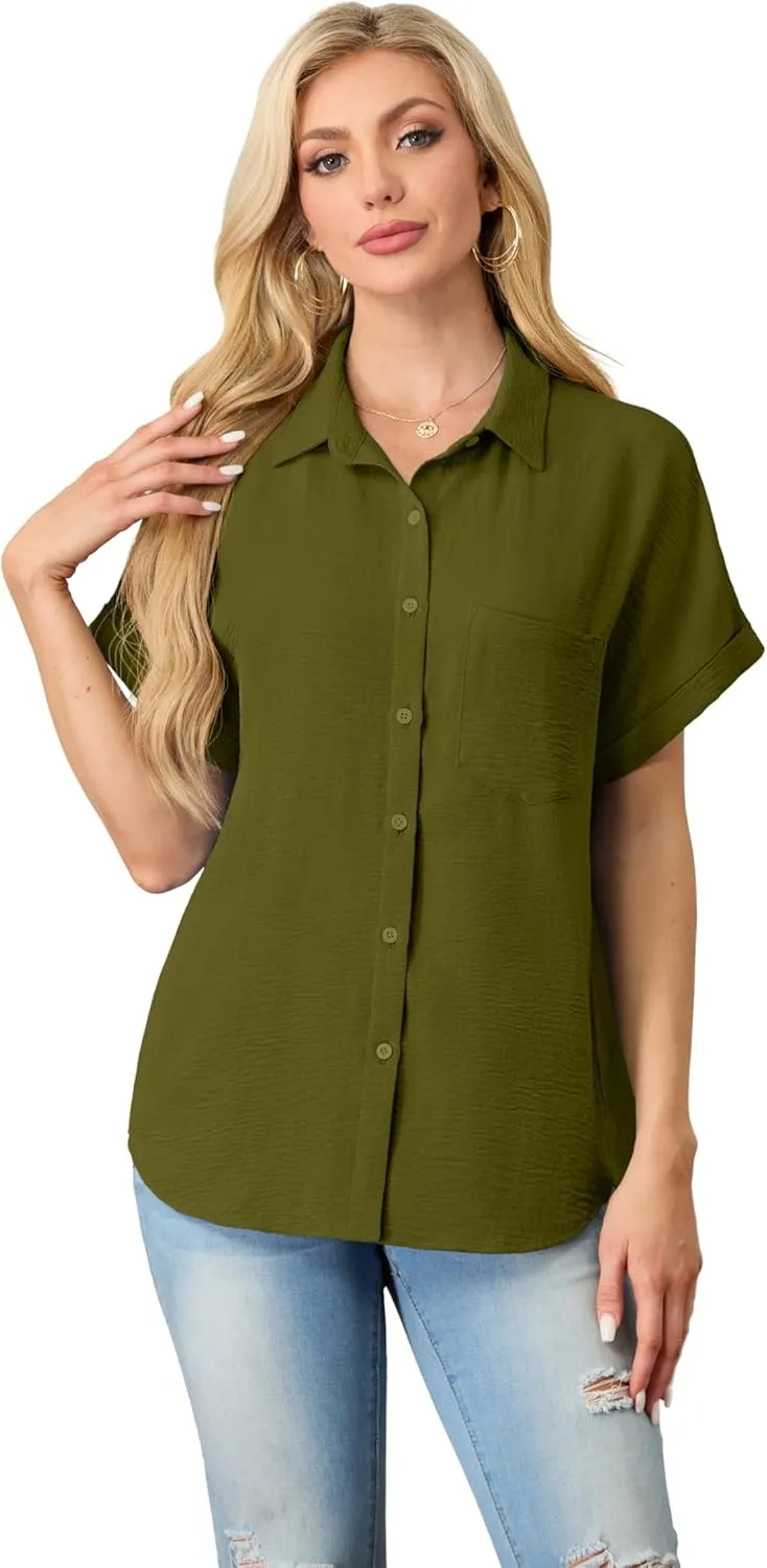 Short Sleeve Shirts for Women V Neck Loose Collared Button Down Shirt Casual Summer Tops with Pockets Beach Blouse