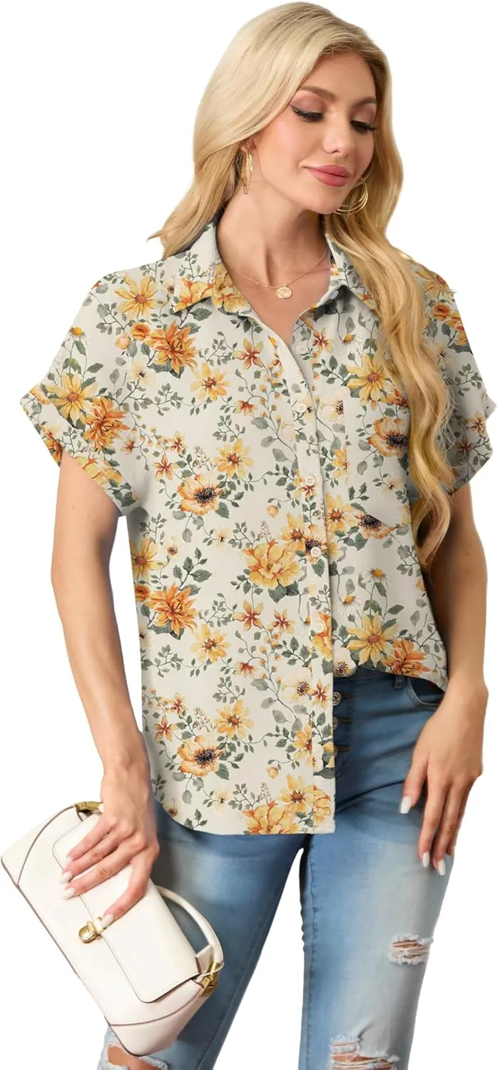 Short Sleeve Shirts for Women V Neck Loose Collared Button Down Shirt Casual Summer Tops with Pockets Beach Blouse
