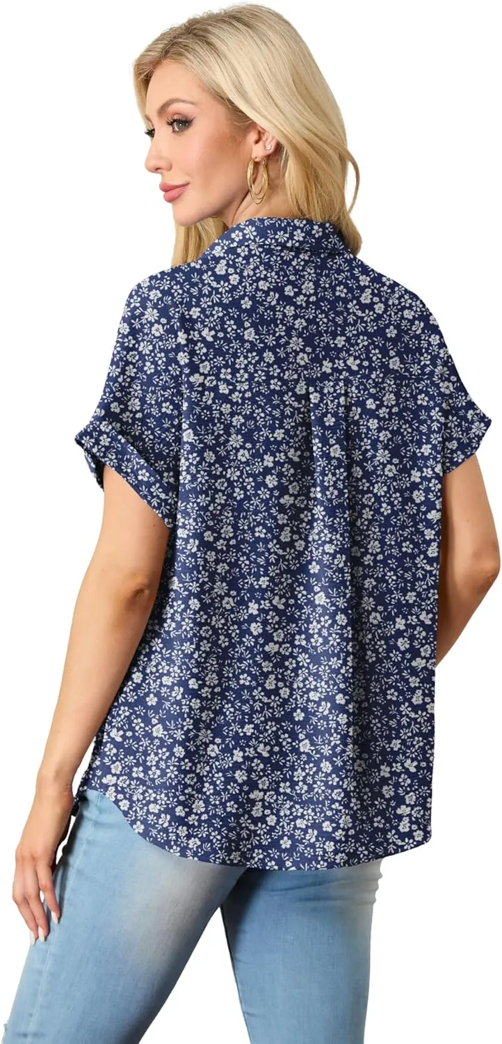 Short Sleeve Shirts for Women V Neck Loose Collared Button Down Shirt Casual Summer Tops with Pockets Beach Blouse