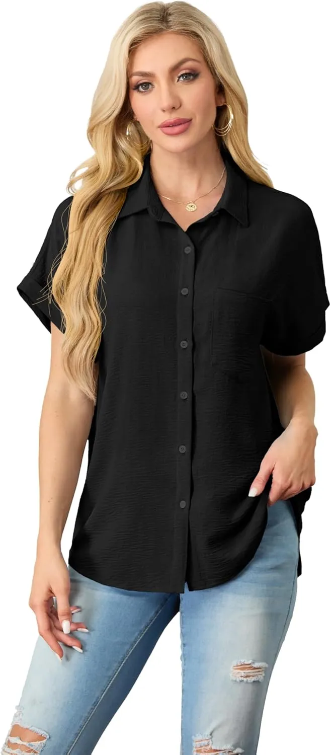 Short Sleeve Shirts for Women V Neck Loose Collared Button Down Shirt Casual Summer Tops with Pockets Beach Blouse