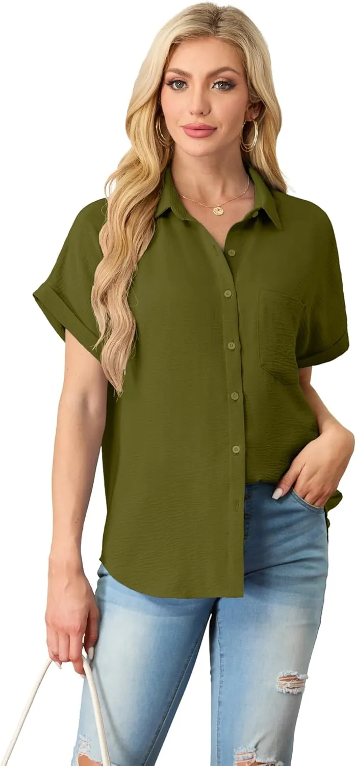 Short Sleeve Shirts for Women V Neck Loose Collared Button Down Shirt Casual Summer Tops with Pockets Beach Blouse