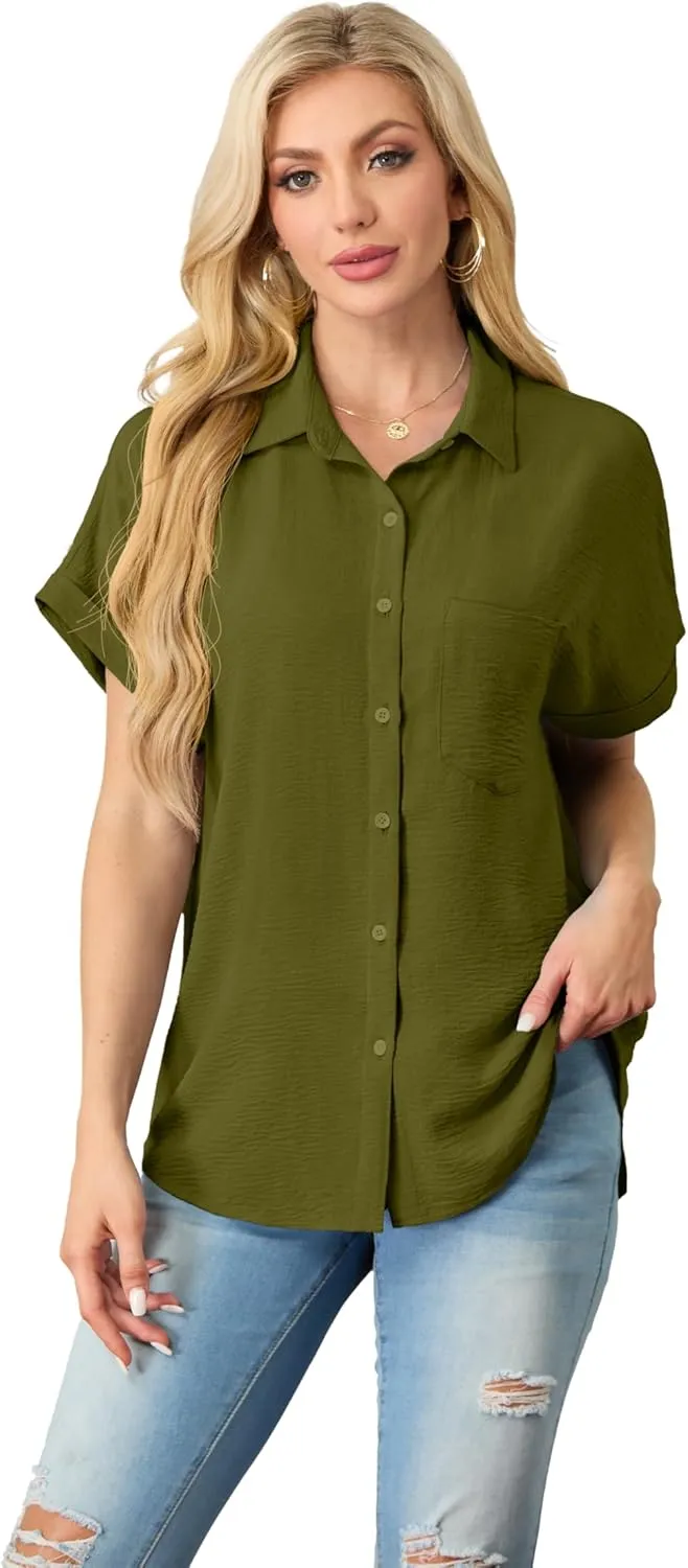 Short Sleeve Shirts for Women V Neck Loose Collared Button Down Shirt Casual Summer Tops with Pockets Beach Blouse