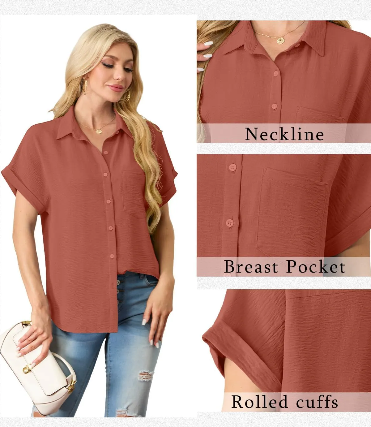 Short Sleeve Shirts for Women V Neck Loose Collared Button Down Shirt Casual Summer Tops with Pockets Beach Blouse