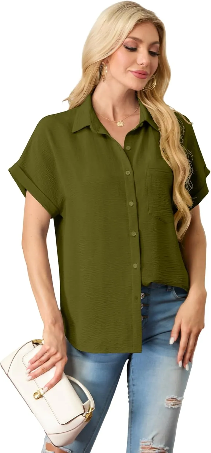 Short Sleeve Shirts for Women V Neck Loose Collared Button Down Shirt Casual Summer Tops with Pockets Beach Blouse