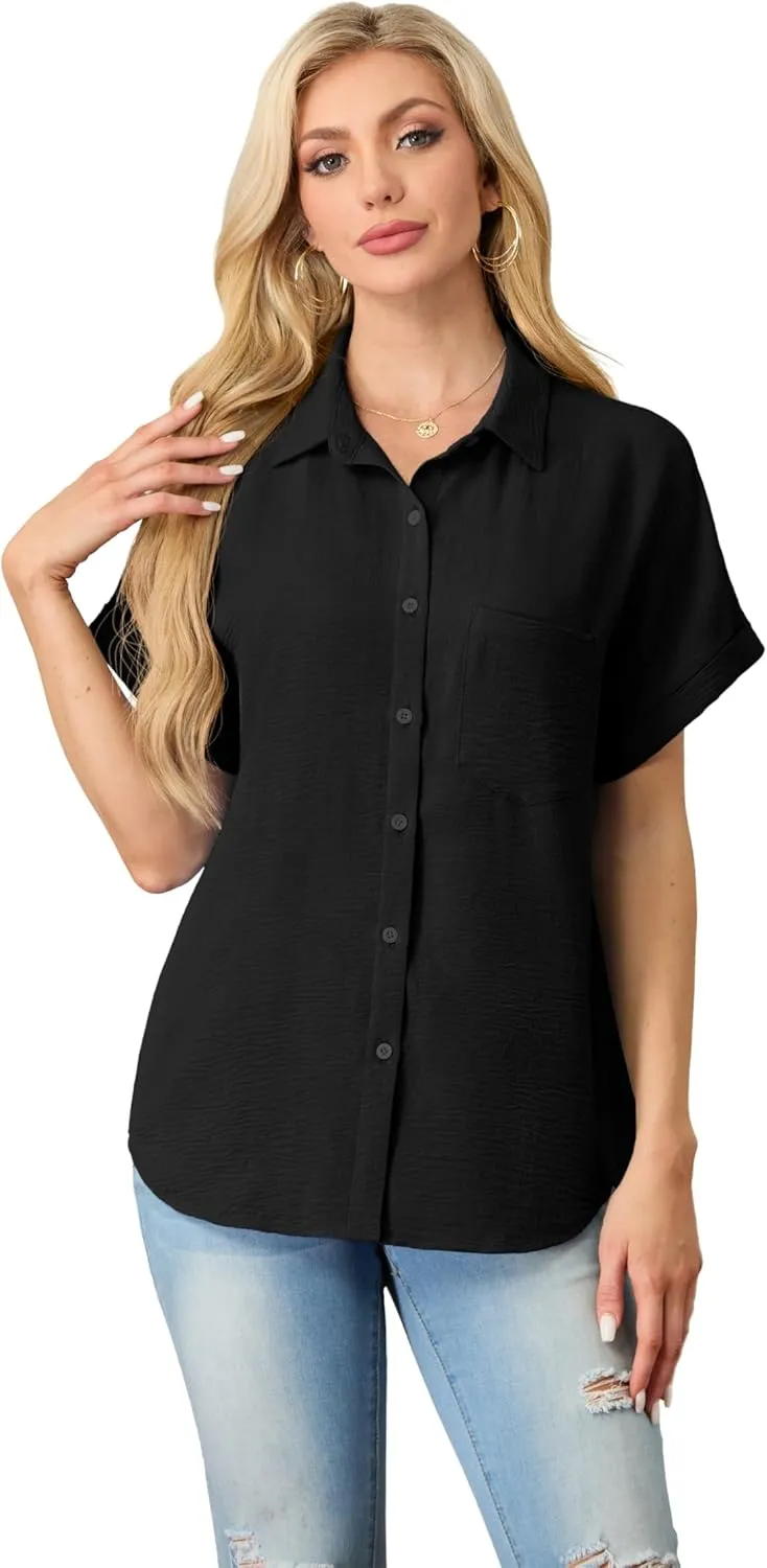 Short Sleeve Shirts for Women V Neck Loose Collared Button Down Shirt Casual Summer Tops with Pockets Beach Blouse