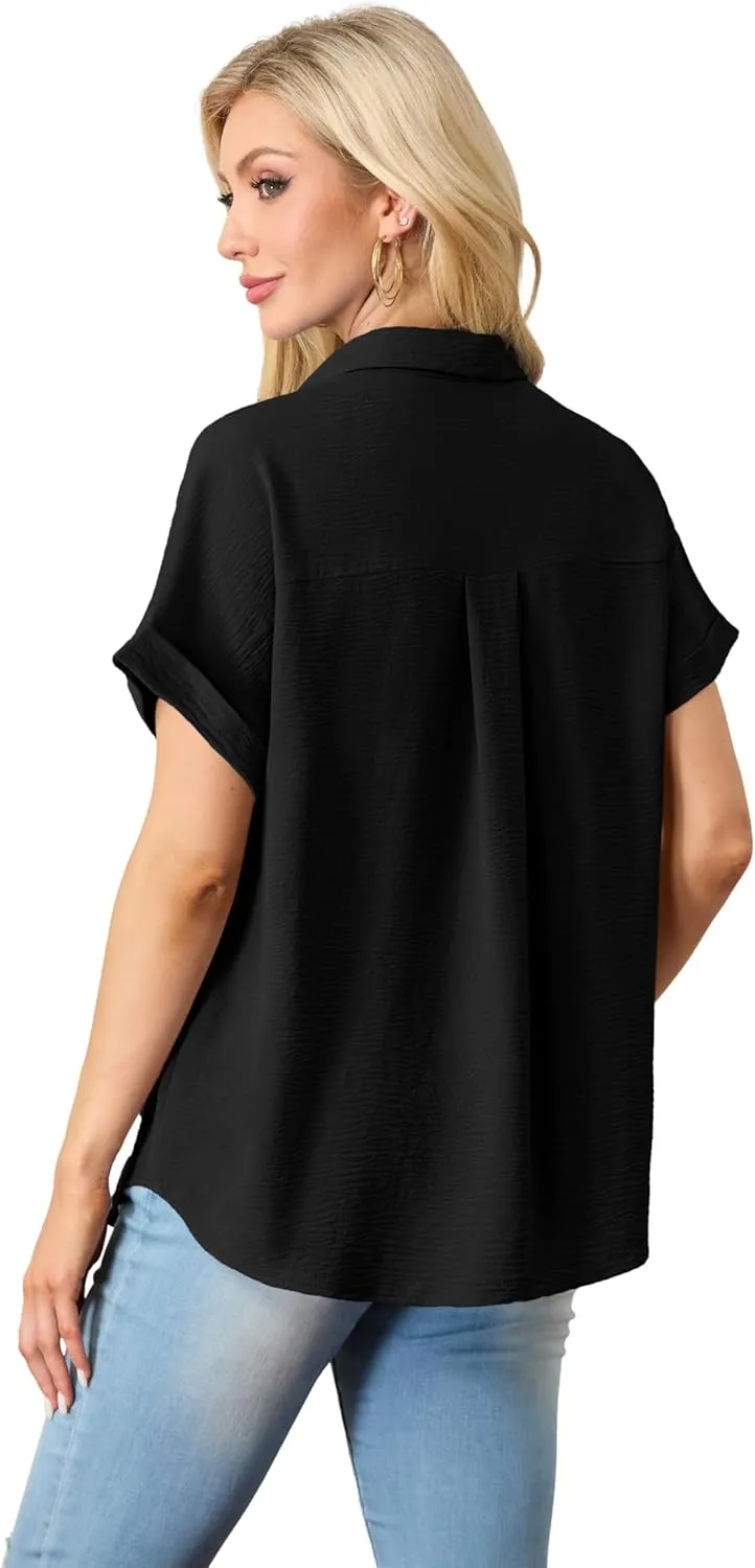 Short Sleeve Shirts for Women V Neck Loose Collared Button Down Shirt Casual Summer Tops with Pockets Beach Blouse