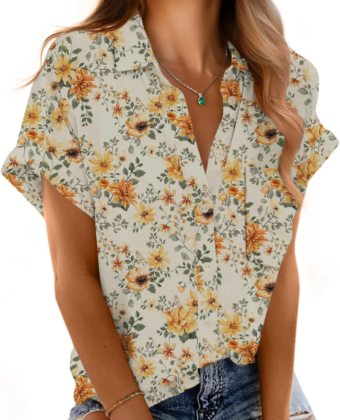 Short Sleeve Shirts for Women V Neck Loose Collared Button Down Shirt Casual Summer Tops with Pockets Beach Blouse