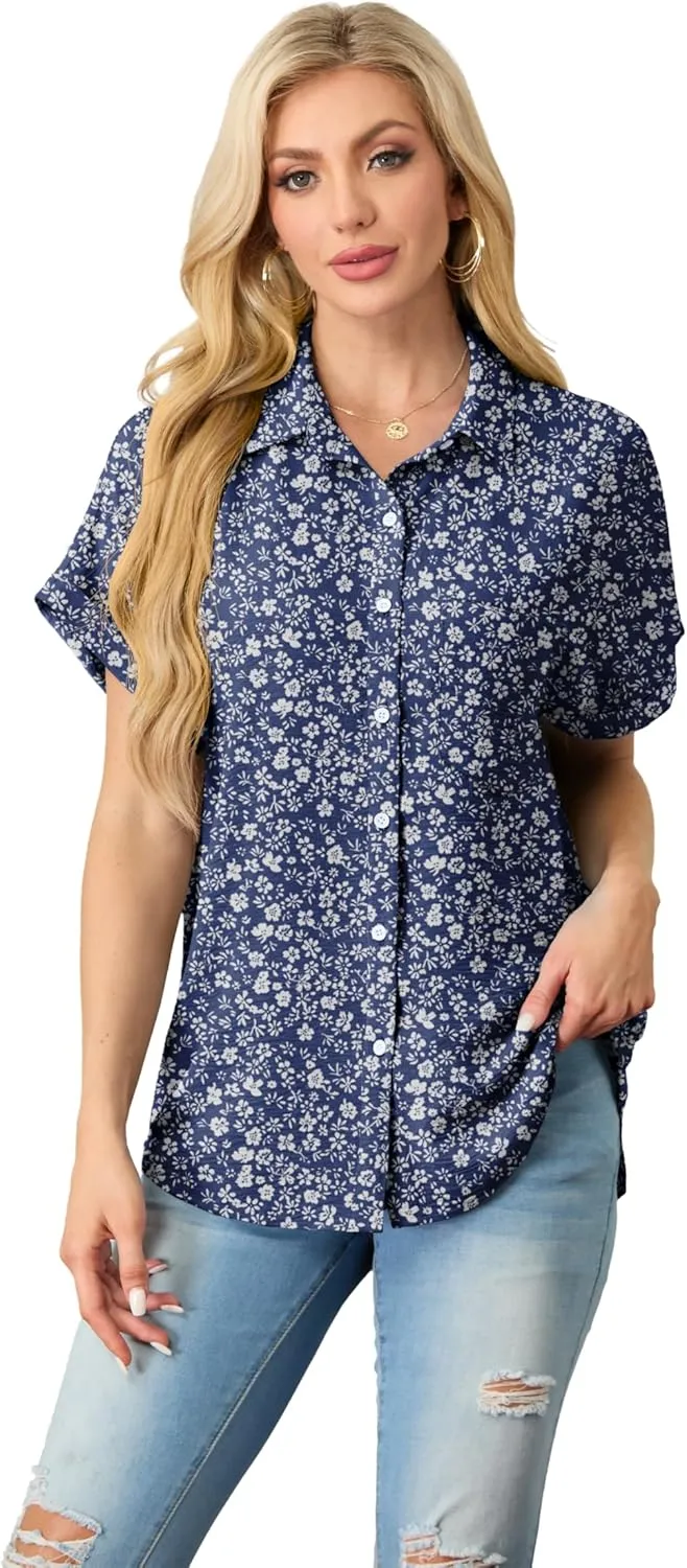 Short Sleeve Shirts for Women V Neck Loose Collared Button Down Shirt Casual Summer Tops with Pockets Beach Blouse