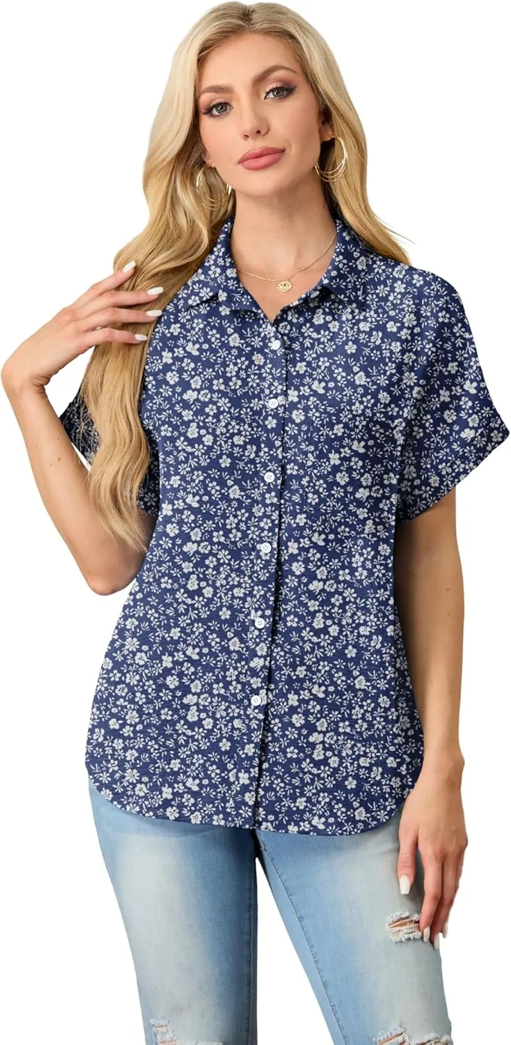 Short Sleeve Shirts for Women V Neck Loose Collared Button Down Shirt Casual Summer Tops with Pockets Beach Blouse