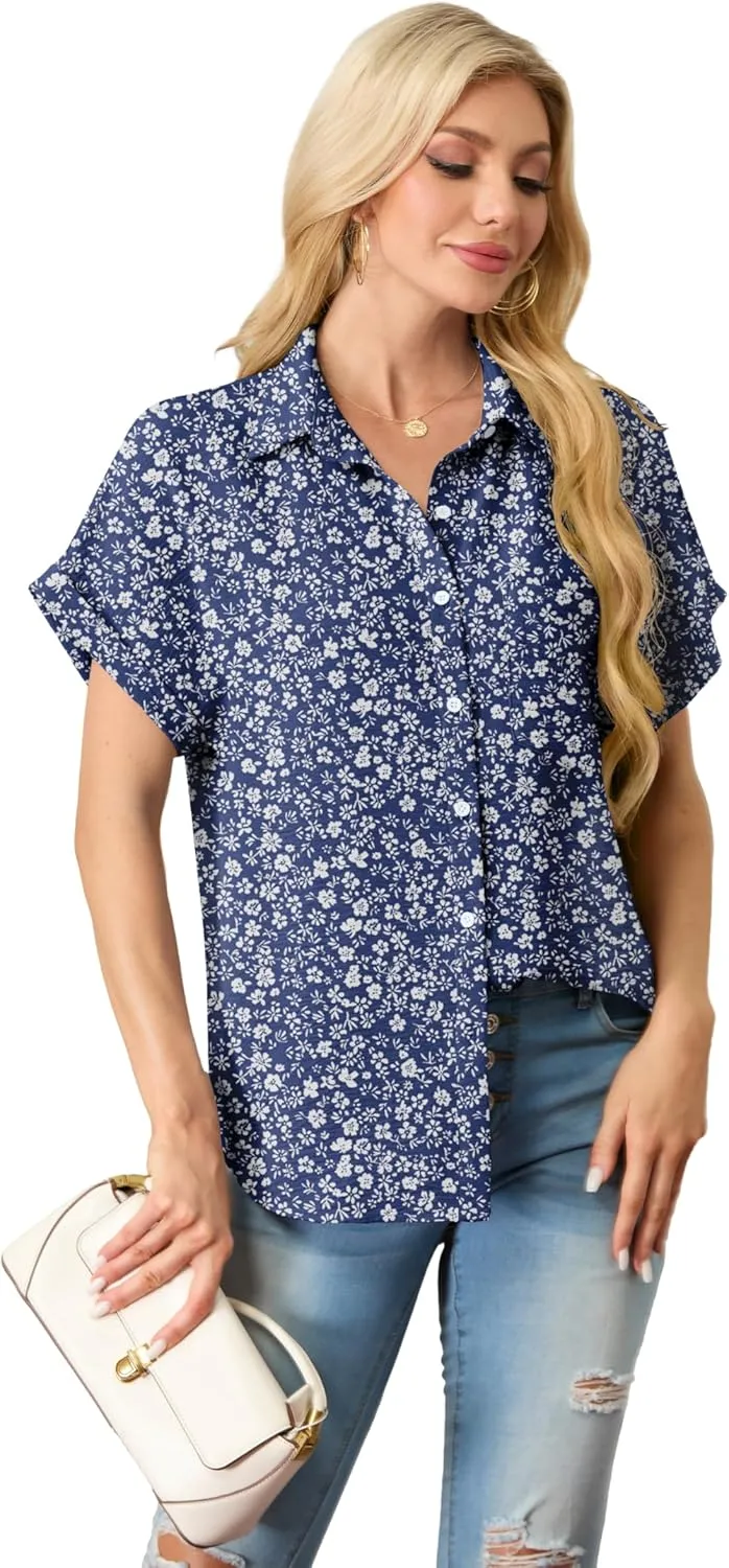 Short Sleeve Shirts for Women V Neck Loose Collared Button Down Shirt Casual Summer Tops with Pockets Beach Blouse