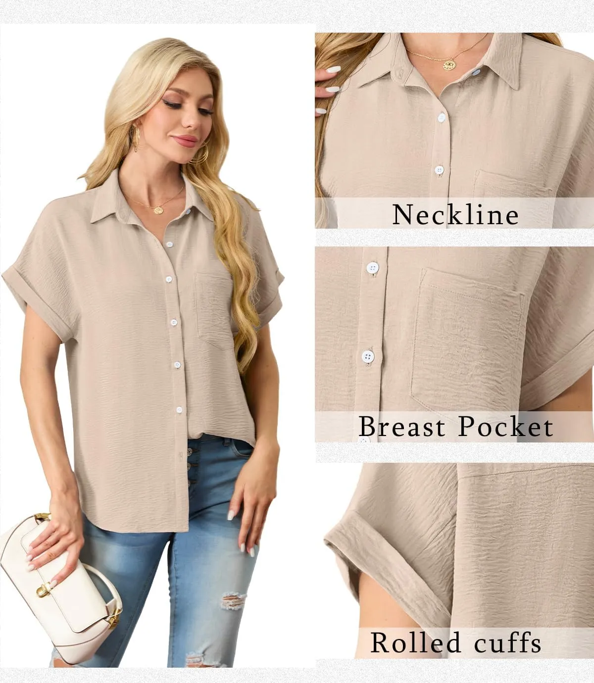 Short Sleeve Shirts for Women V Neck Loose Collared Button Down Shirt Casual Summer Tops with Pockets Beach Blouse