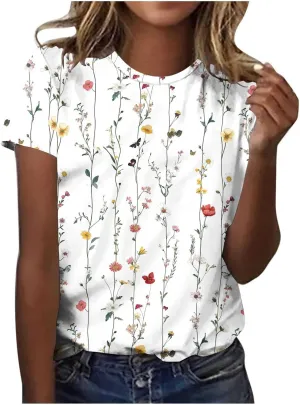 Short Sleeve Shirts for Women Vintage Floral Print Blouses Dressy Casual Ladies Loose Fit Summer Tops Trendy Outfits