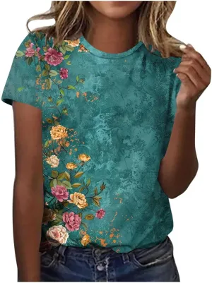 Short Sleeve Shirts for Women Vintage Floral Print Blouses Dressy Casual Ladies Loose Fit Summer Tops Trendy Outfits