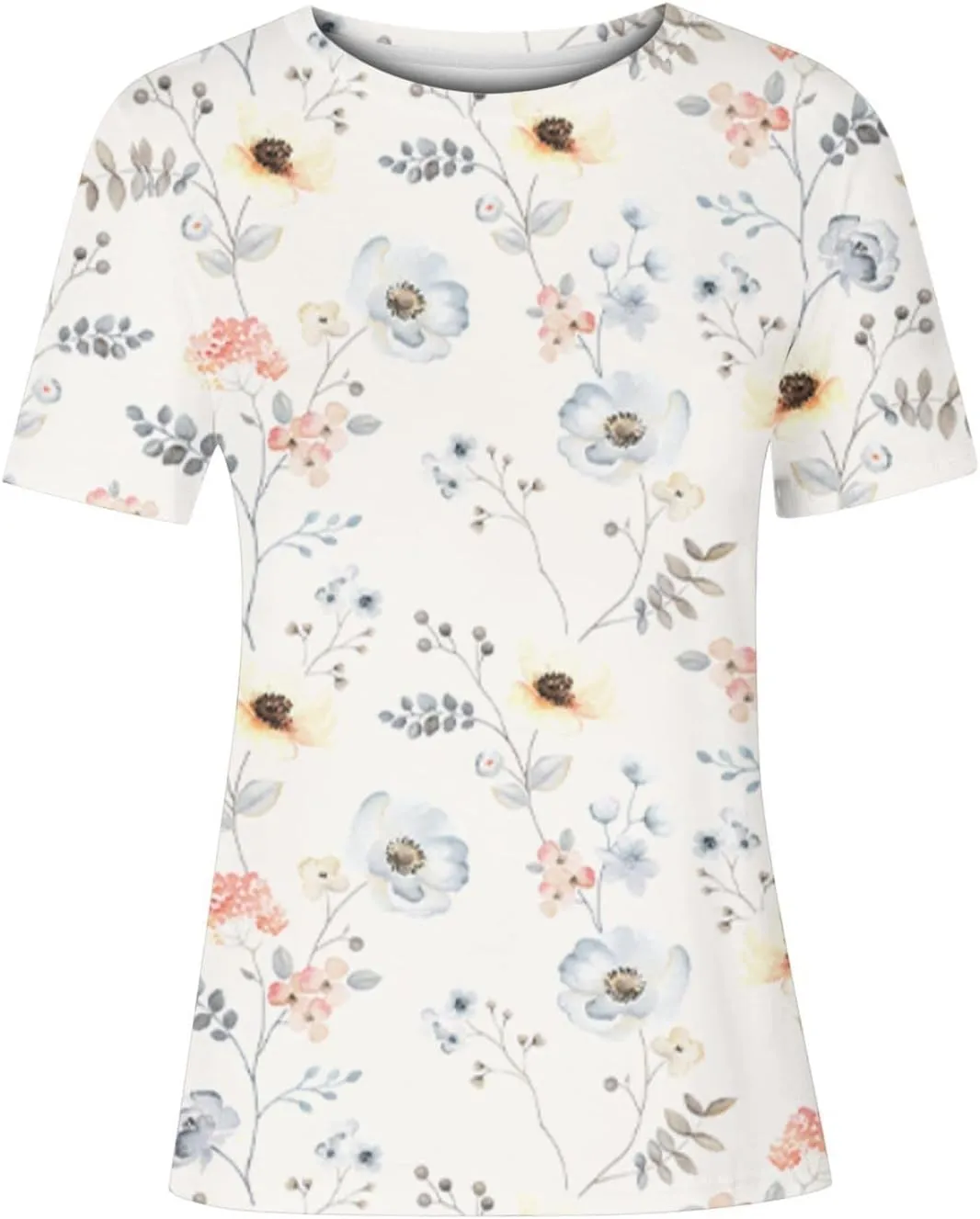 Short Sleeve Shirts for Women Women's Fashion Casual Short Sleeve Floral Print Round Neck Pullover Top Blouse