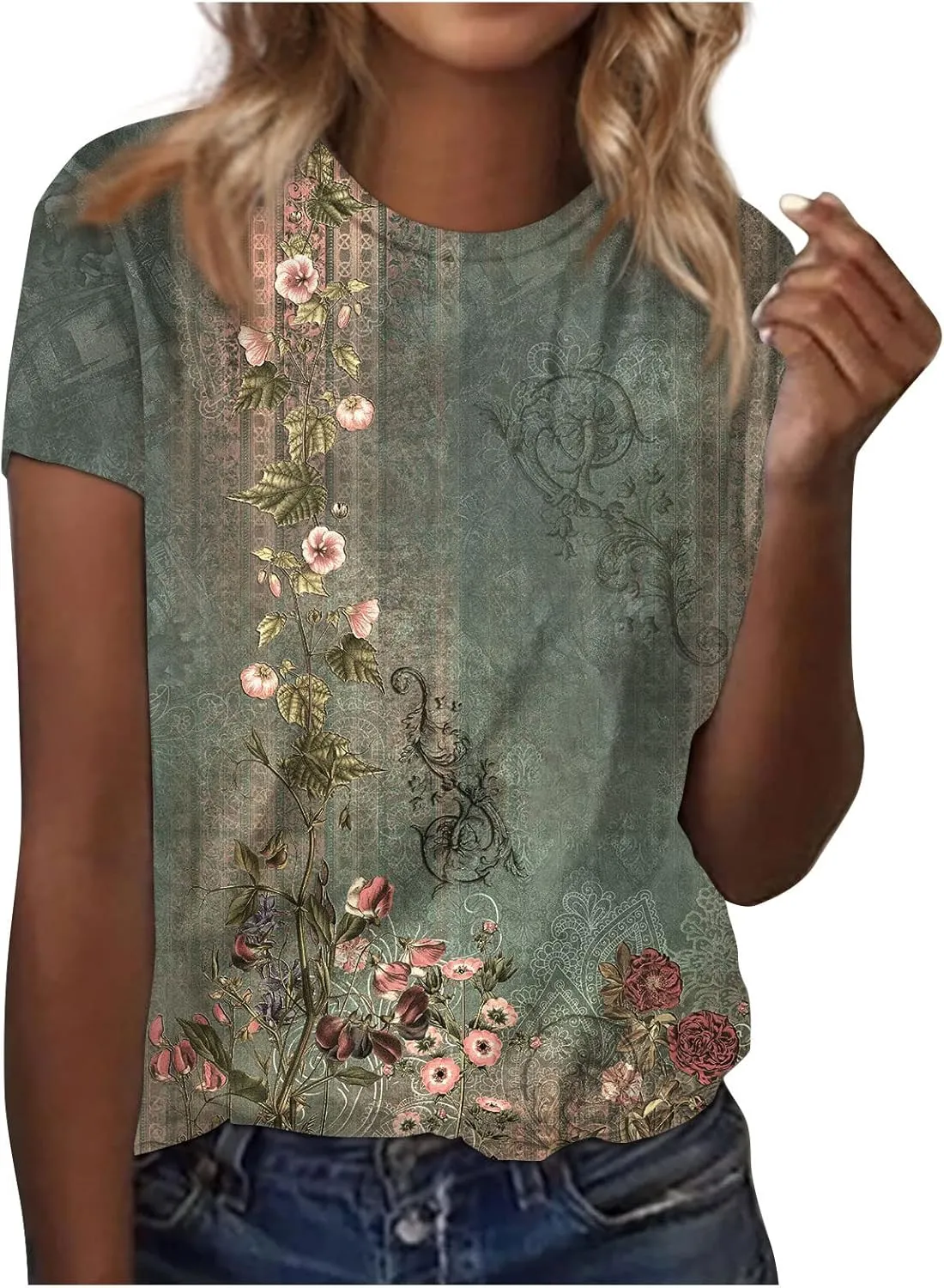 Short Sleeve Shirts for Women Women's Fashion Casual Short Sleeve Floral Print Round Neck Pullover Top Blouse