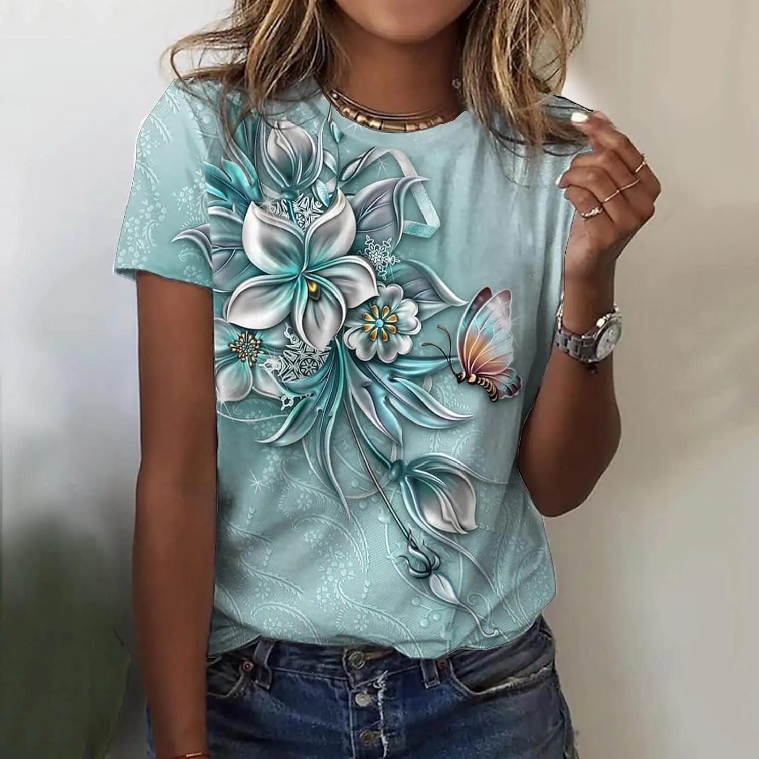 Short Sleeve Shirts for Women Women's Fashion Casual Short Sleeve Floral Print Round Neck Pullover Top Blouse