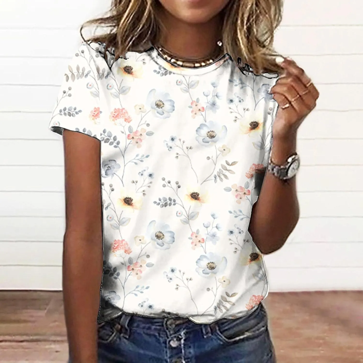 Short Sleeve Shirts for Women Women's Fashion Casual Short Sleeve Floral Print Round Neck Pullover Top Blouse