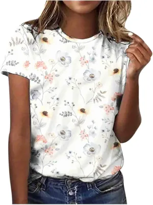 Short Sleeve Shirts for Women Women's Fashion Casual Short Sleeve Floral Print Round Neck Pullover Top Blouse