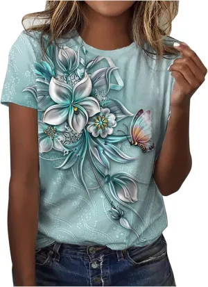 Short Sleeve Shirts for Women Women's Fashion Casual Short Sleeve Floral Print Round Neck Pullover Top Blouse