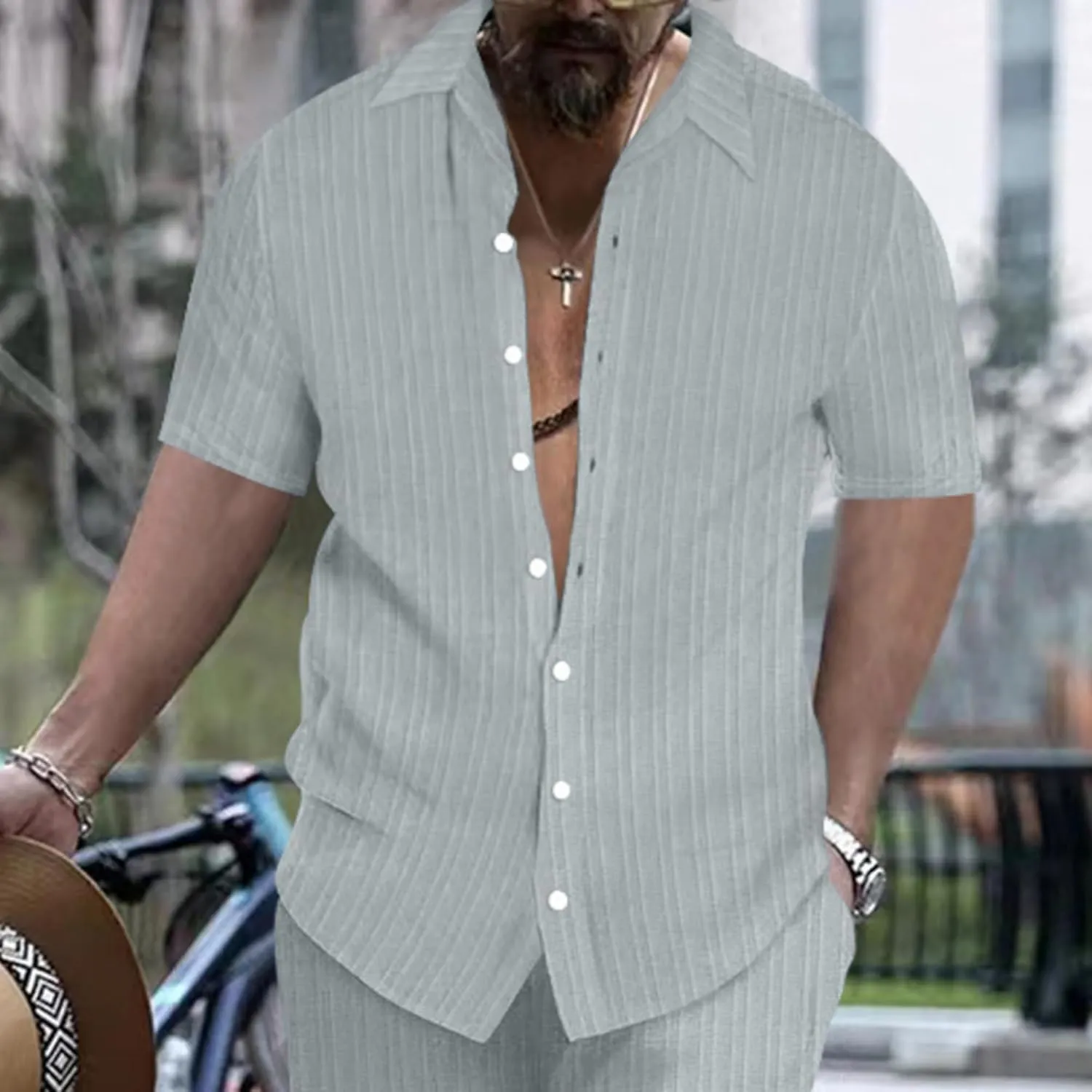 Short Sleeve Shirts Men Polo Striped Button Down Slim Fit Lapel Collar Jacquard Casual Summer Beach Tee Tops