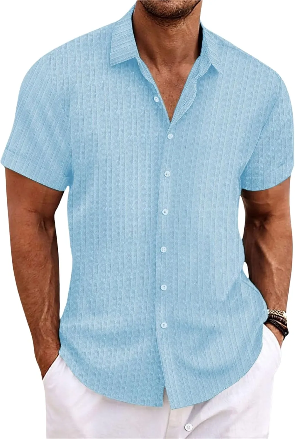 Short Sleeve Shirts Men Polo Striped Button Down Slim Fit Lapel Collar Jacquard Casual Summer Beach Tee Tops