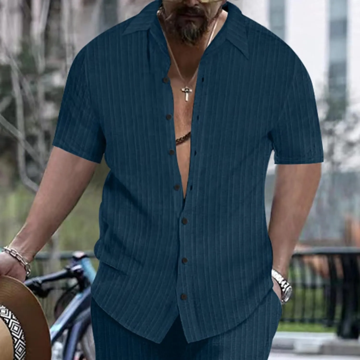 Short Sleeve Shirts Men Polo Striped Button Down Slim Fit Lapel Collar Jacquard Casual Summer Beach Tee Tops