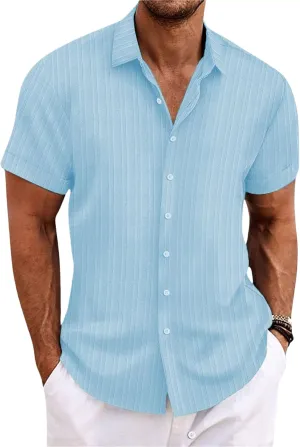 Short Sleeve Shirts Men Polo Striped Button Down Slim Fit Lapel Collar Jacquard Casual Summer Beach Tee Tops