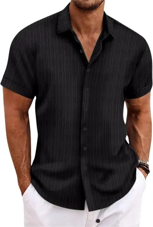 Short Sleeve Shirts Men Polo Striped Button Down Slim Fit Lapel Collar Jacquard Casual Summer Beach Tee Tops