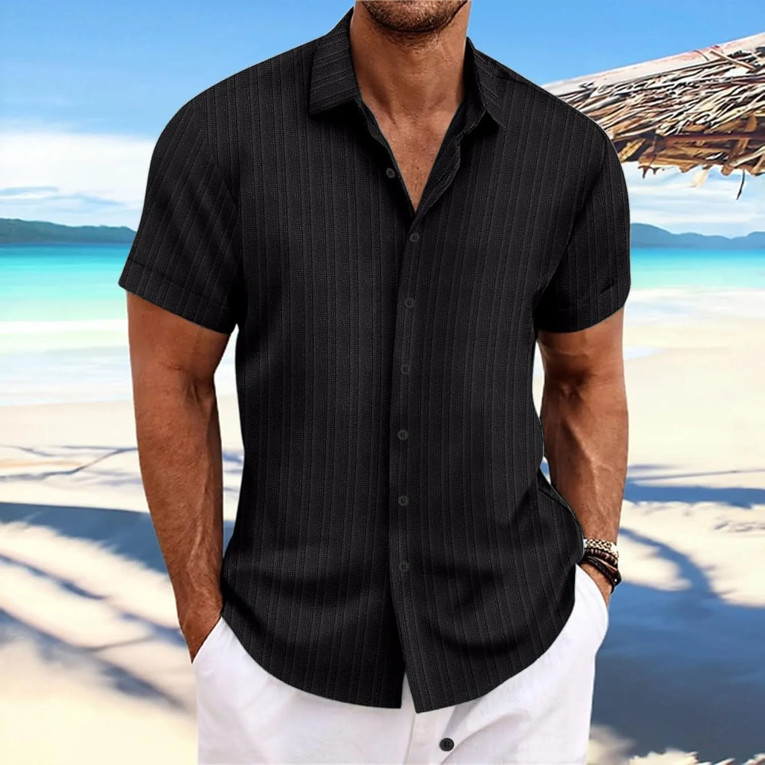 Short Sleeve Shirts Men Polo Striped Button Down Slim Fit Lapel Collar Jacquard Casual Summer Beach Tee Tops