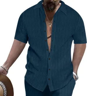 Short Sleeve Shirts Men Polo Striped Button Down Slim Fit Lapel Collar Jacquard Casual Summer Beach Tee Tops