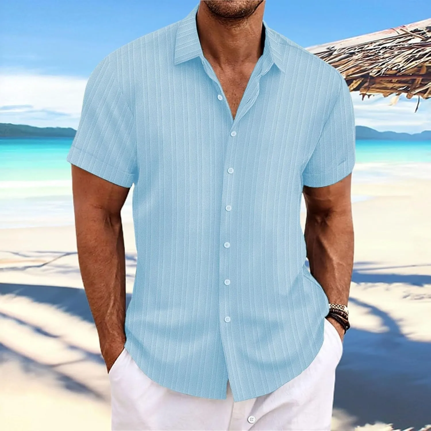 Short Sleeve Shirts Men Polo Striped Button Down Slim Fit Lapel Collar Jacquard Casual Summer Beach Tee Tops