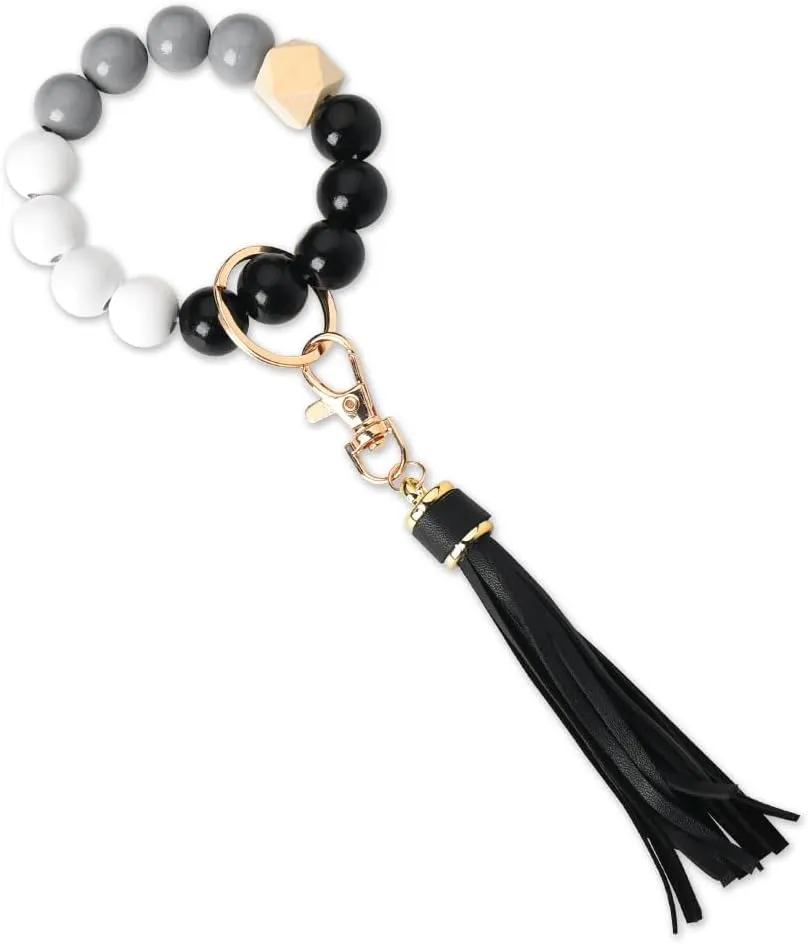 Sisadodo Beaded Keychain Bracelet Wristlet for Women Wood Bead Wrist Keyring with Tassel for Girls Birthday Christmas Gifts