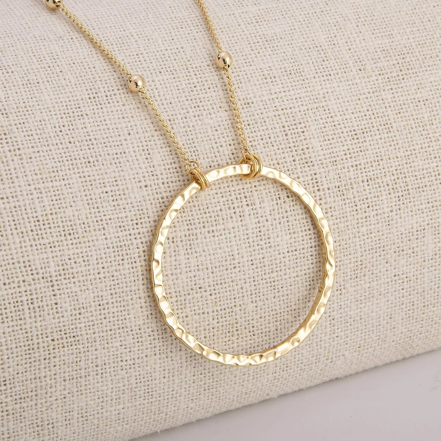 SOFYBJA 18K Gold Plated Circle Pendant Necklace Long Satellite Beaded Chain Jewelry for Women Dainty Hammered Karma Open Circle Charm Geometric Necklace