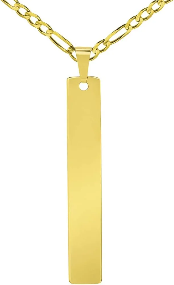 Solid 14k Yellow Gold Engravable Personalized Vertical Bar Charm Pendant with Cable, Curb, or Figaro Chain Necklaces