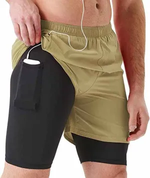 Sport Running Shorts for Men With Phone Pockets Men's 2 in 1  شورت رياضي للجري للرجال مزود بجيوب للهاتف، شورت رياضي سريع الجفاف