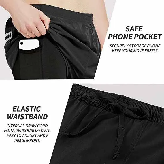 Sport Running Shorts for Men With Phone Pockets Men's 2 in 1  شورت رياضي للجري للرجال مزود بجيوب للهاتف، شورت رياضي سريع الجفاف
