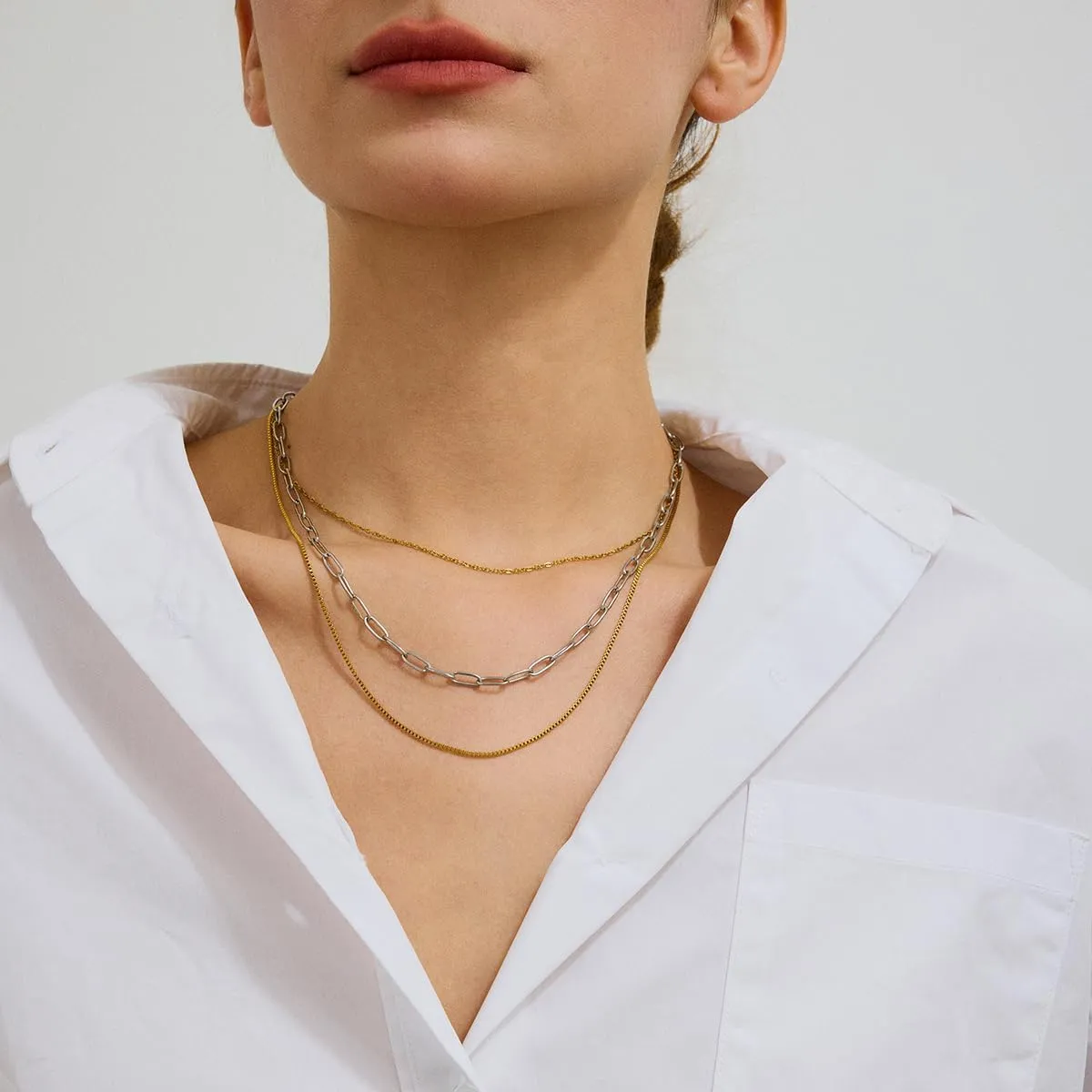 Stackable Chains Women 18K Plated Box Cuban Paperclip Layered Chain Choker Necklace Gold Silver Multi Chain Mixed Metal Stack Chains Set for Women