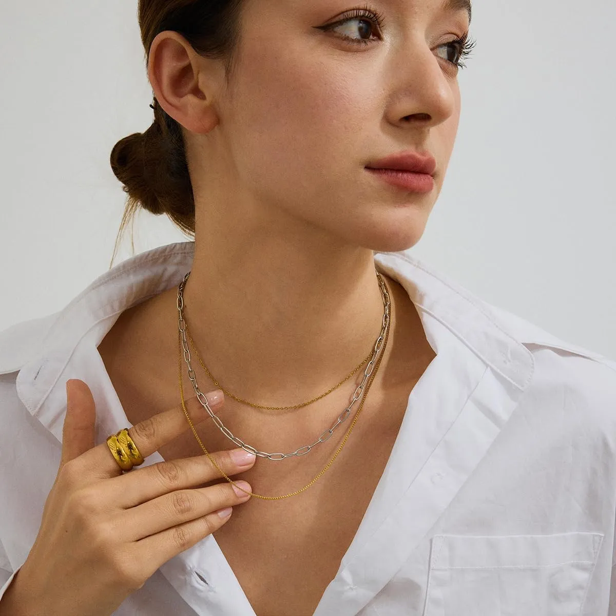 Stackable Chains Women 18K Plated Box Cuban Paperclip Layered Chain Choker Necklace Gold Silver Multi Chain Mixed Metal Stack Chains Set for Women