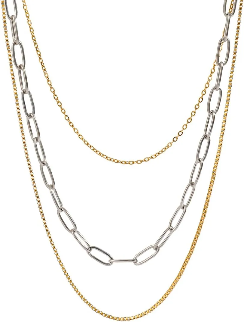 Stackable Chains Women 18K Plated Box Cuban Paperclip Layered Chain Choker Necklace Gold Silver Multi Chain Mixed Metal Stack Chains Set for Women