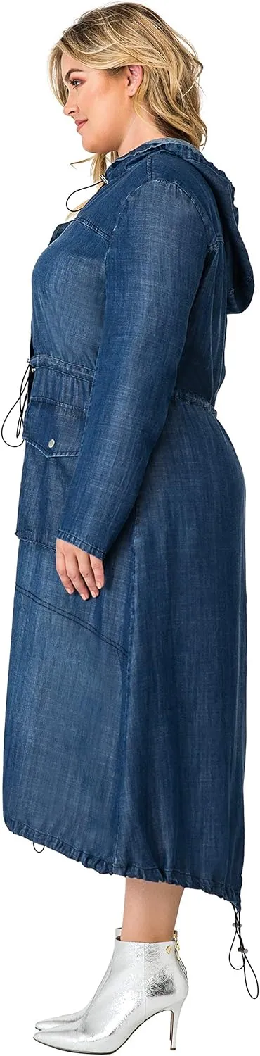 Standards & Practices Women's Plus Size Denim Tencel Long Duster Hoodie Dress Coat Long Anorak Jacket
