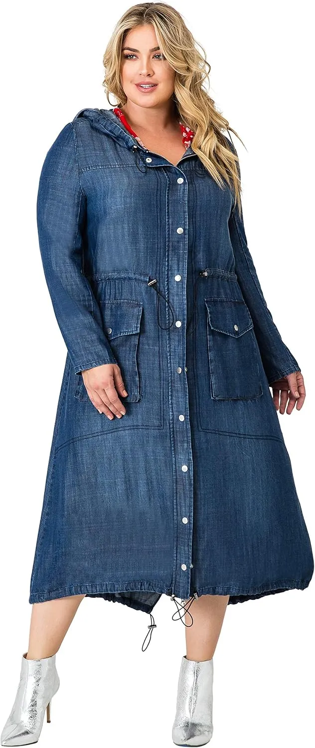 Standards & Practices Women's Plus Size Denim Tencel Long Duster Hoodie Dress Coat Long Anorak Jacket